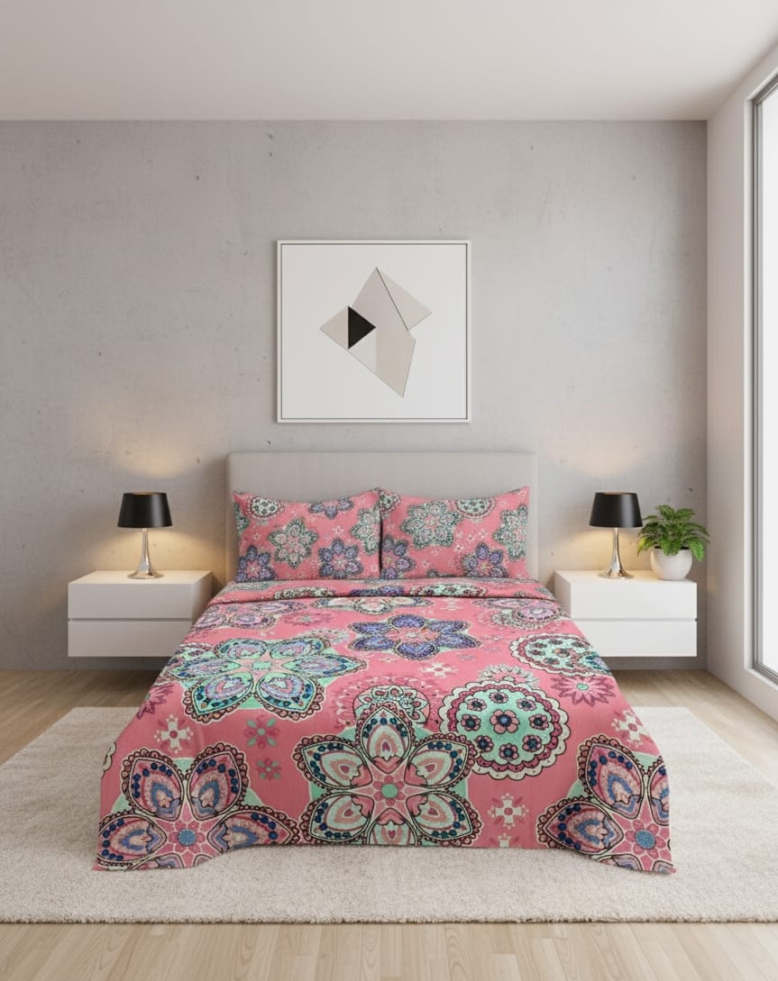 Elegant Floral Mandala Pink Cotton Bedsheet Set-BS02