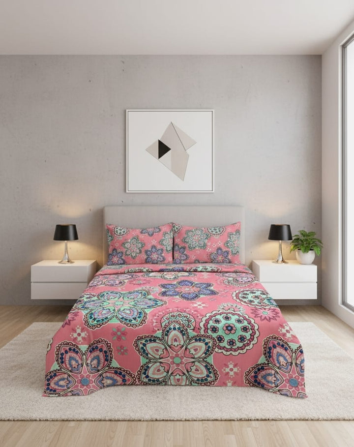 Elegant Floral Mandala Pink Cotton Bedsheet Set-BS02