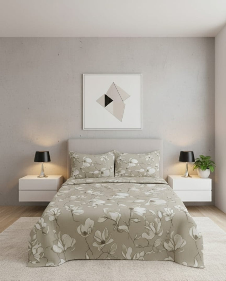 Elegant Beige Floral cotton Bedsheet Set-BS04