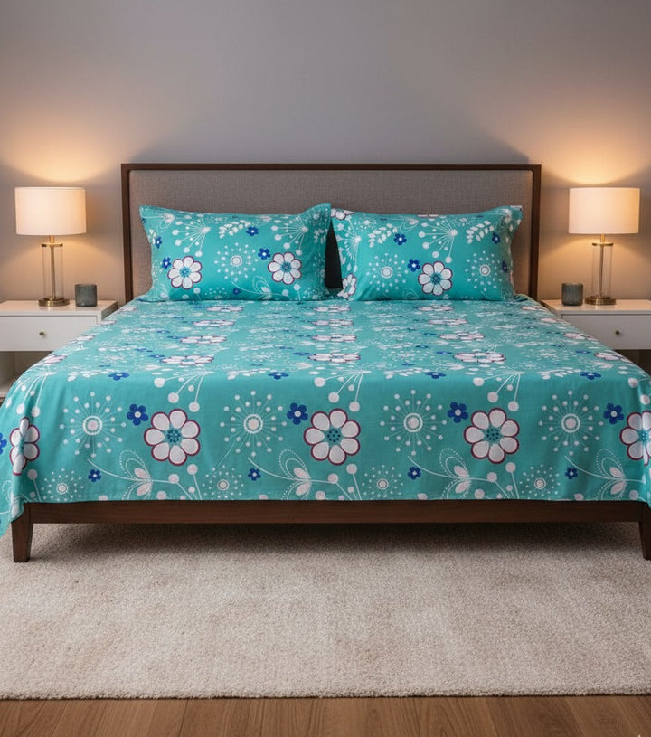 Aqua Bloom Floral Fantasy – cotton Bedsheet Set 03