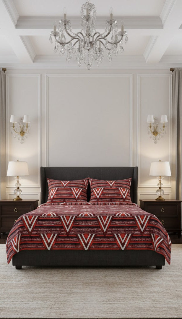 Crimson Geometric Elegance – cotton Bedsheet Set 06