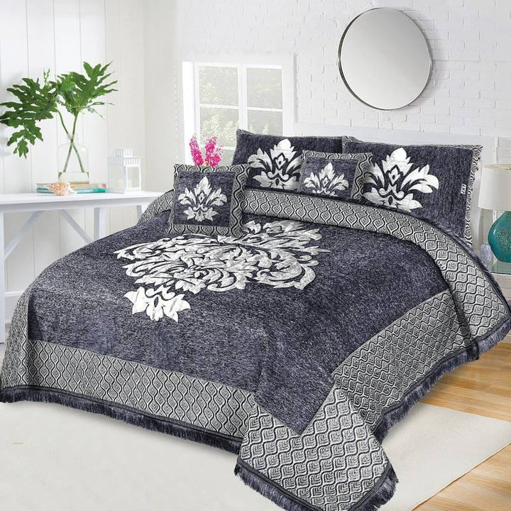 Grey Crown Velvet Jacuard Bedsheet Set - 05