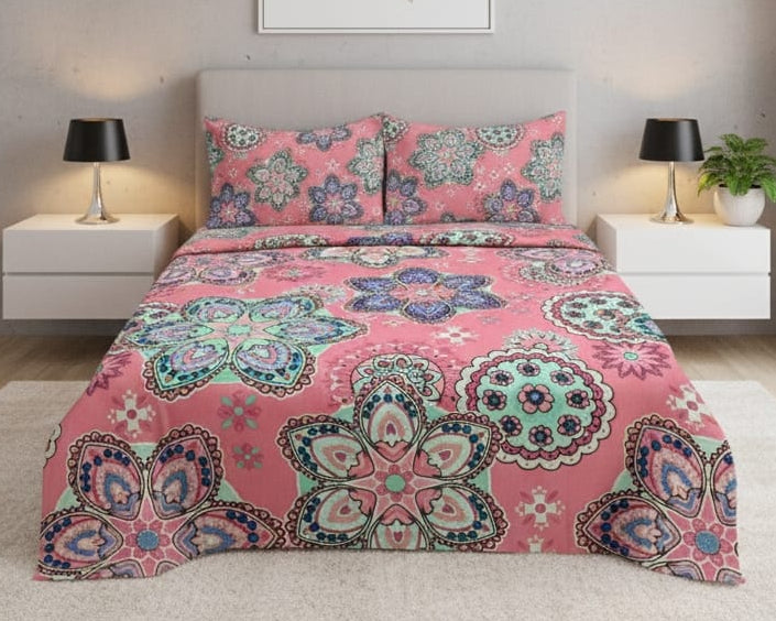 Elegant Floral Mandala Pink Cotton Bedsheet Set-BS02