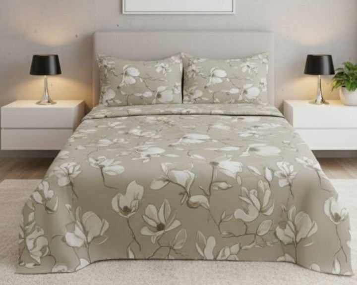 Elegant Beige Floral cotton Bedsheet Set-BS04