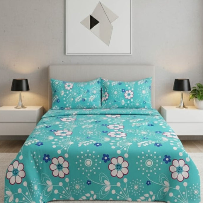 Fresh Aqua Blue Floral cotton Bedsheet Set-BS05