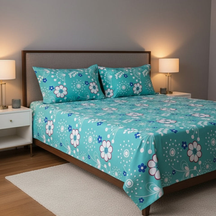 Aqua Bloom Floral Fantasy – cotton Bedsheet Set 03