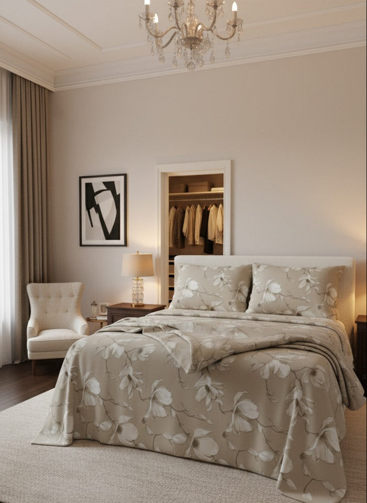 Minimalist Beige Floral – cotton Bedsheet Set 08