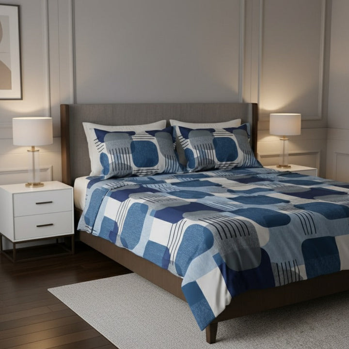 Modern Geo Blue Abstract  – cotton Bedsheet Set 02